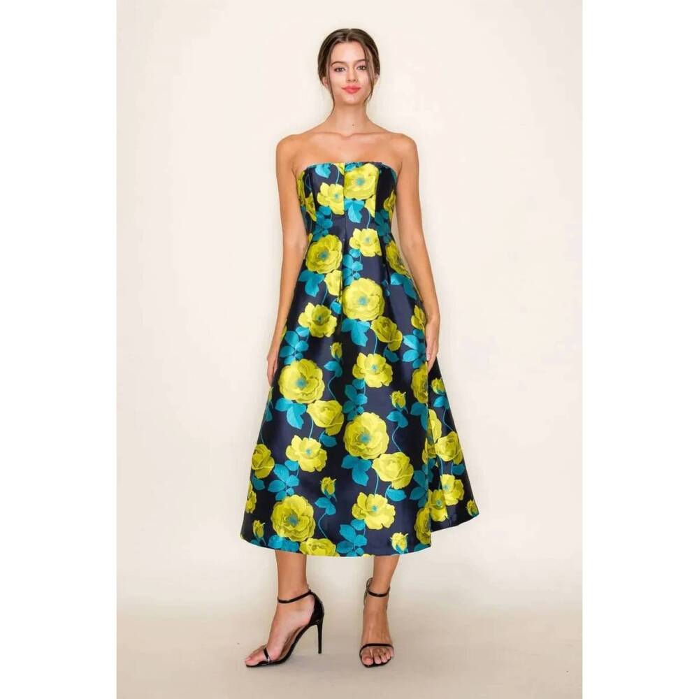 NEW B.RIGHT floral jacquard strapless pleated midi dress in navy/lime